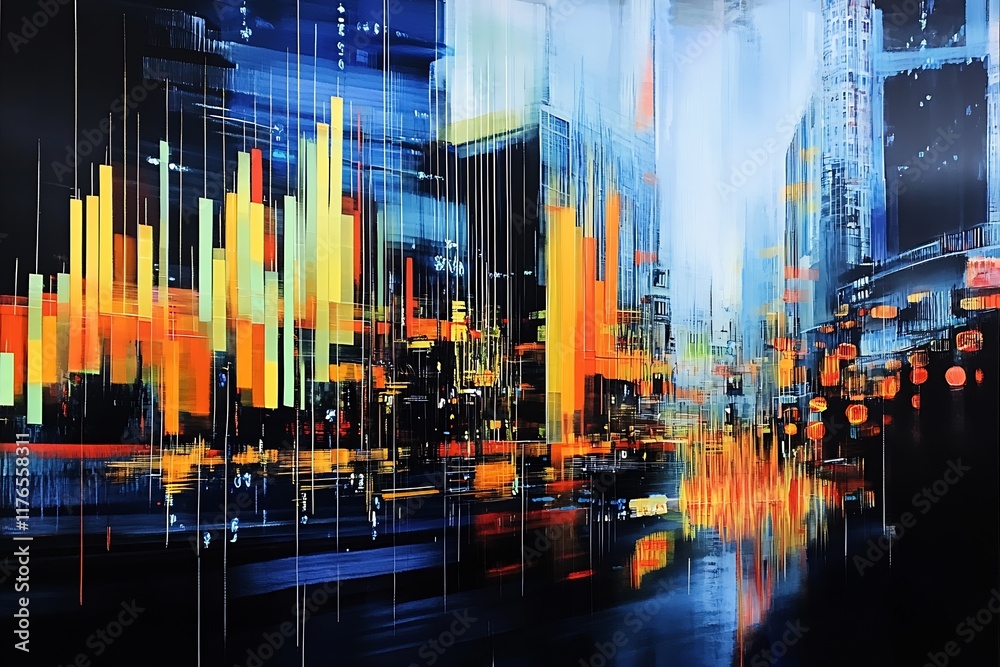 Leinwandbilder vibrant digital city lights with abstract data visualization and motion effect : generative ai
