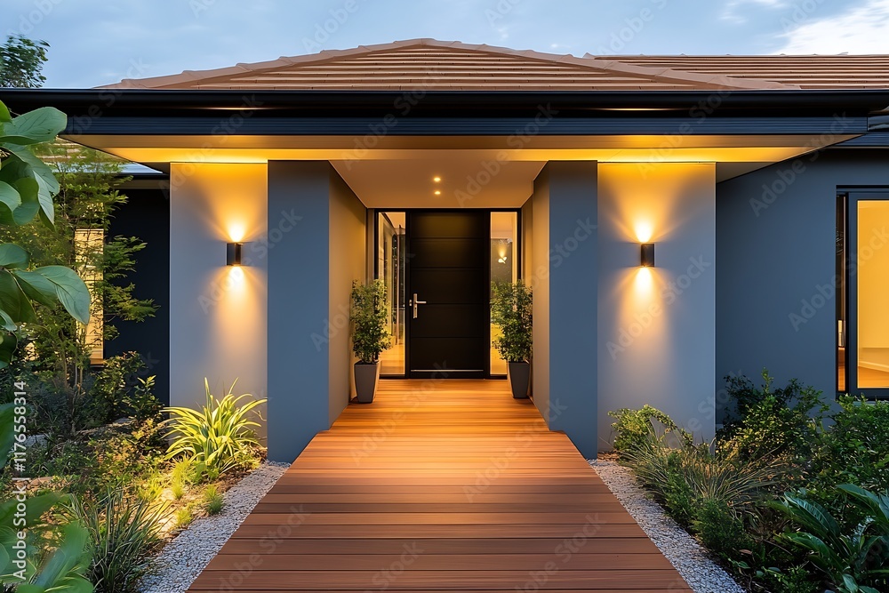 Poster Elegant House Front with Illuminated Pathway and Modern Minimalist Architectural Design : Generative AI