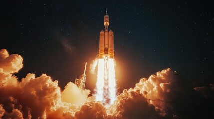 Naklejka premium A rocket launching into space, surrounded by clouds and flames, symbolizing exploration.