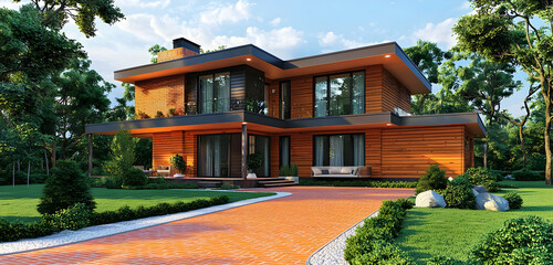 Luxurious two-story home featuring an orange brick driveway, wood accents, and spacious lawn, all under the warm summer sun.