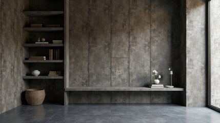 Modern Minimalist Interior Design with Built-in Shelving and Concrete Wall