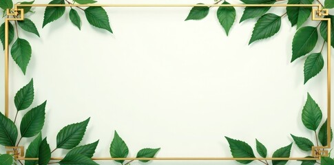 Naklejka premium Elegant gold frame with green leaves, luxury wedding invite design , wedding, ornate frame