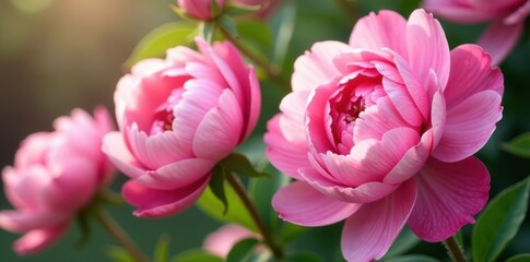 Obraz premium Fresh pink peony and rose blossoms Close-up, ample copy space , floral design, nature, vibrant