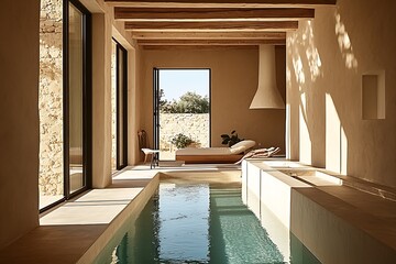 Minimalist Indoor Pool with Wood Beam Ceiling and Natural Sunlight : Generative AI