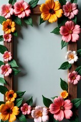 Intricate artificial flower wall, aged wood frame, cream, background, vintage