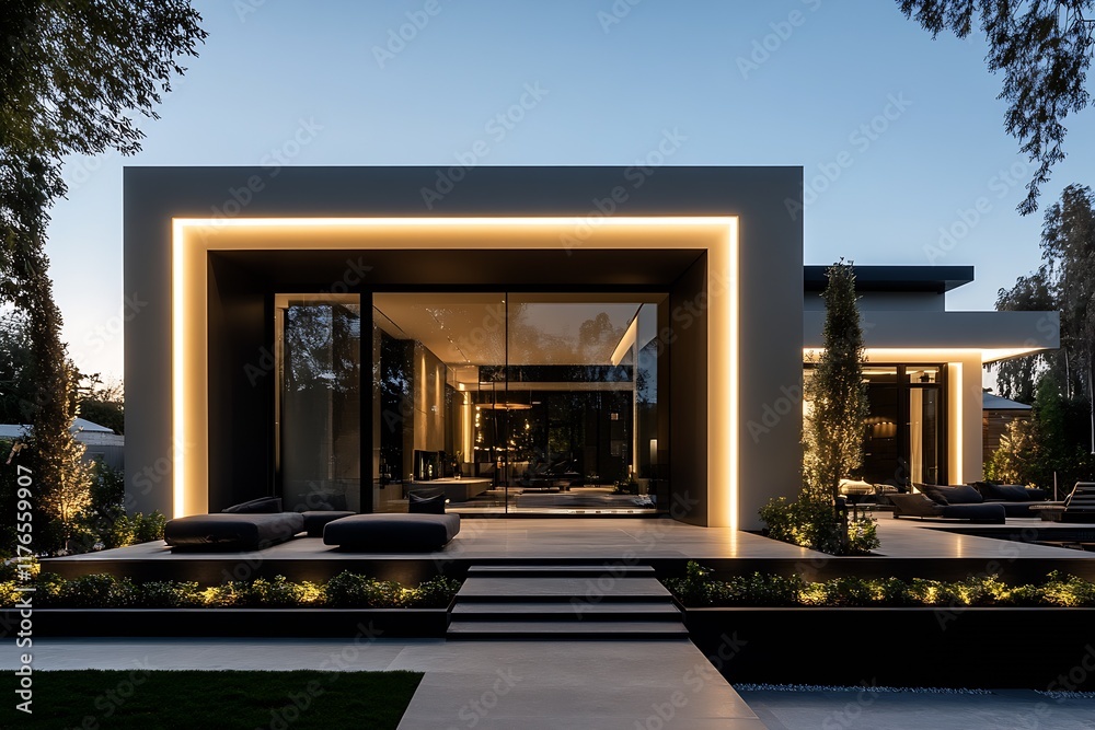 Poster minimalistic luxurious home with illuminated facade at nightfall : generative ai