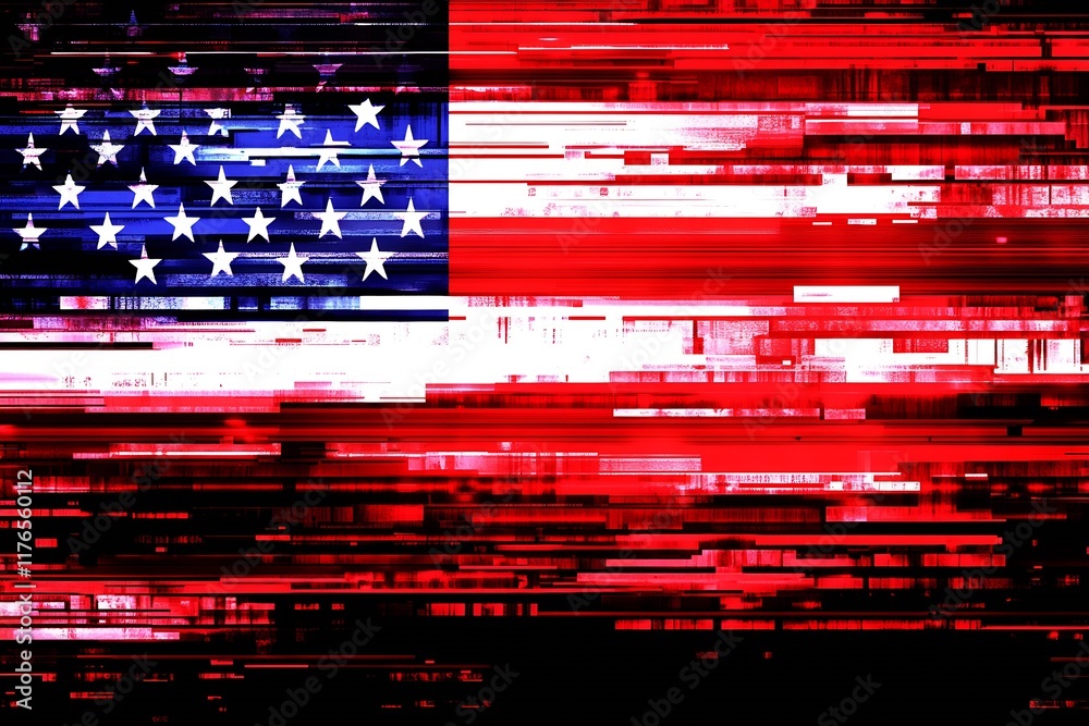 Poster red and blue digital art representing a glitched american flag : generative ai