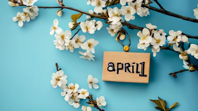 Blossom branches and a wooden sign welcoming April on a blue background