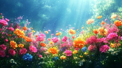 Fototapeta premium many kindness,colorful,difference flower in futher forest,more detailed,in hill slope,illustration --chaos 20 --ar 16:9 --stylize 450 --v 6.1 Job ID: 56d922c7-0260-47f2-bf45-54333ca5a343