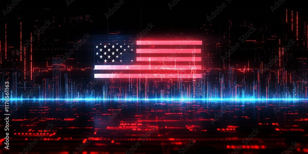 Poster US Flag in Digital Space with Dynamic Futuristic Lighting : Generative AI