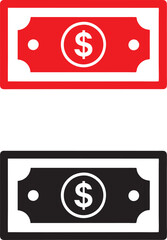 Simple icon designs, dollar sign, rectangular frames, red and black colors, minimalist graphics, currency symbols, financial concept, bold outlines, symmetrical composition, negative space, flat desig