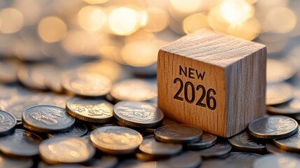 New Year 2026 Wooden Block on Coins – Minimalist Financial Concept