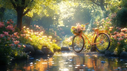 Fototapeta premium Flower-filled bicycle basket by tranquil stream.