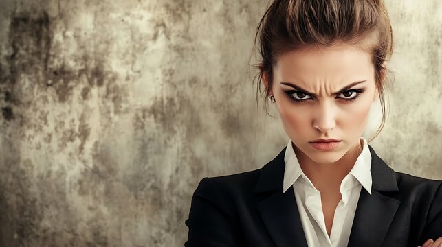 Portrait of a serious businesswoman with stern expression and arms crossed,ideal for illustrating concepts of corporate power,determination