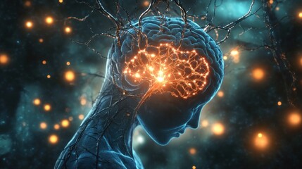 Glowing brain neural network in female head.