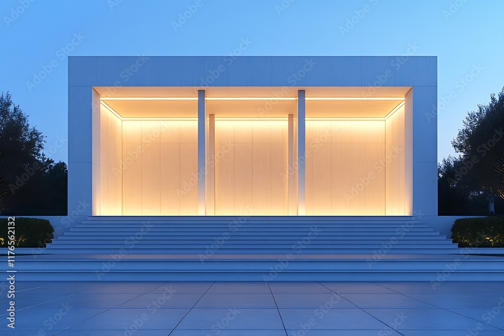 Aufkleber Modern Minimalist Building with Illuminated Staircase at Dusk : Generative AI