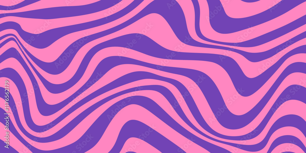 Poster Abstract monochrome horizontal background with dynamic waves. Trendy vector illustration in style retro 60s, 70s. Pink and purple colors
