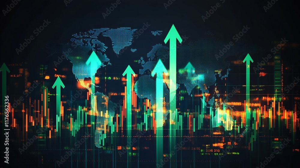 Poster rising arrow graphics over digital world map depicting robust economic growth and positive financial