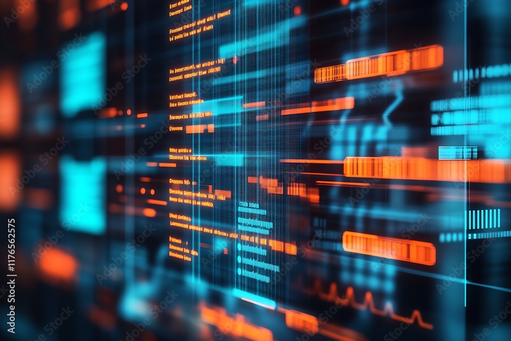 Poster Abstract cyber technology background with flowing data code in blue and orange : Generative AI