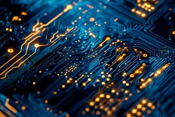 Illuminated circuitry, intricate pathways, technological detail.