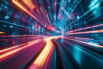 Neon-lit tunnel, vibrant streaks, fast motion.