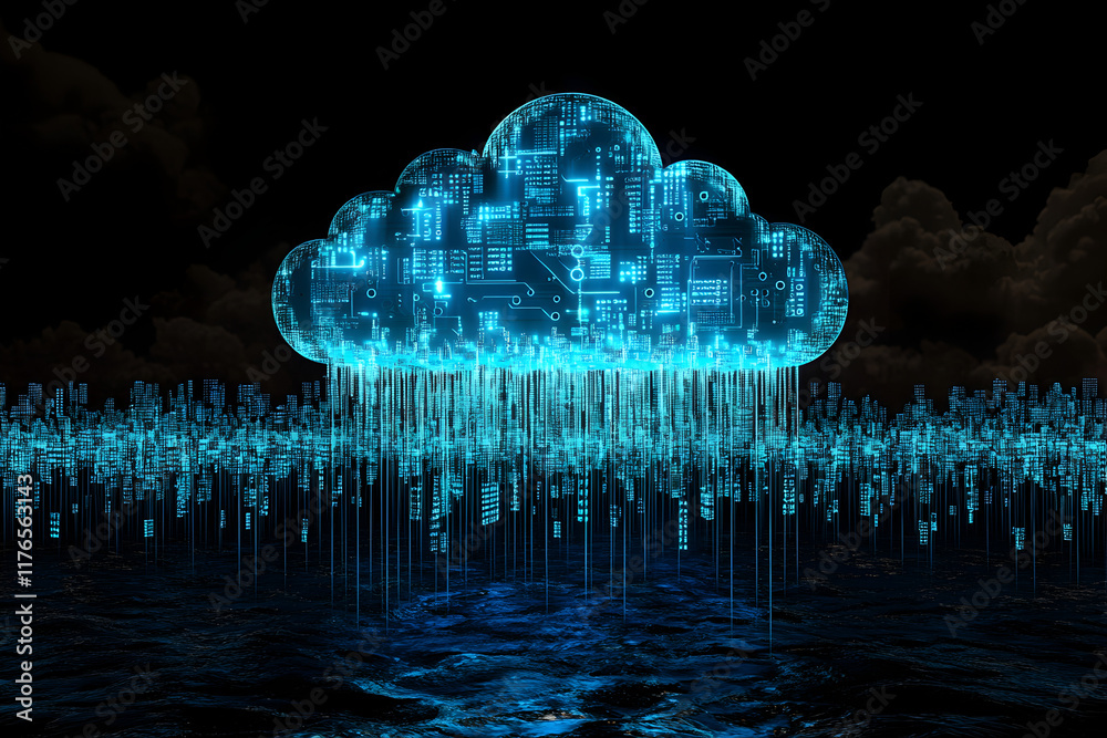 Poster 3D cloud made of circuit board, binary code rain flowing from the clouds, glowing blue light on a black background