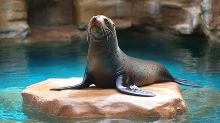 Fototapeta premium A sea lion resting on a rock in a tranquil blue water setting.