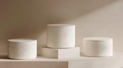 three white containers sitting on a shelf