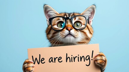 Tabby cat wearing glasses holding a cardboard sign with "We are hiring!" text on a blue background