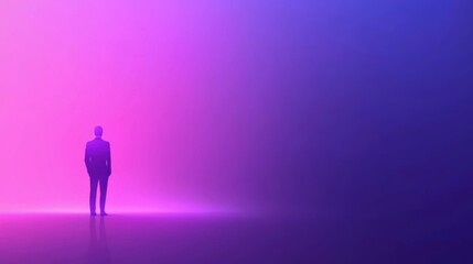 Human Silhouette Against a Vibrant Gradient of Purple and Blue Colors in Darkness
