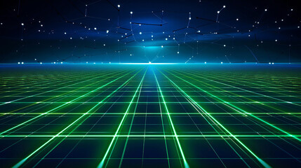 Abstract digital grid with glowing green and blue lines, futuristic tech interface, high detail
