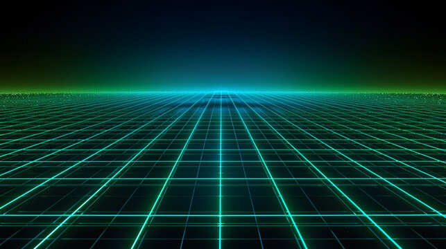 Abstract digital grid with glowing green and blue lines, futuristic tech interface, high detail