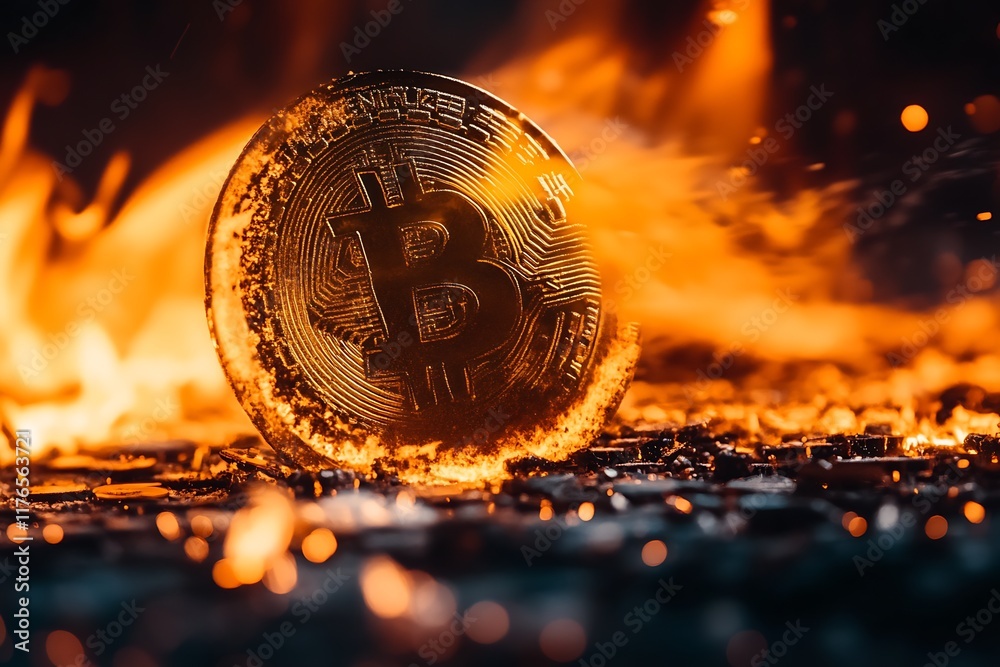 Poster fiery bitcoin coin in intense flames depicting cryptocurrency volatility and high stakes : generativ