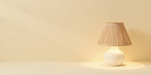 Illuminated Table Lamp with a Natural Woven Shade on a Neutral Background