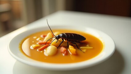 A detailed close-up of a cockroach perched on soup of curry placed on a white plate, highlighting contamination risks, unhygienic food practices, and food safety concerns