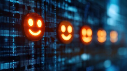 Naklejka premium Futuristic digital display with glowing smiley faces on a data matrix background