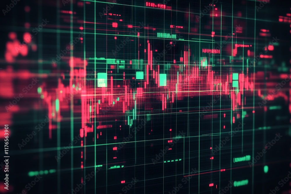 Poster Modern Futuristic Stock Trend Visualization with Red and Green Tones : Generative AI