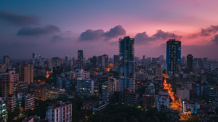 Fototapeta premium Aerial view of a bustling cityscape at dusk, urban life, city lights