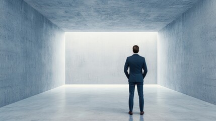 Obraz premium Businessman Stands Alone in a Minimalist Concrete Room with Bright Light Source