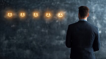 Fototapeta premium Businessman Evaluating Customer Feedback with Lighted Smiley Faces on Wall