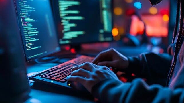 Focused Programmer Working Late at Night A Stock Photo for Technology, Cybersecurity, and Software Development Concepts