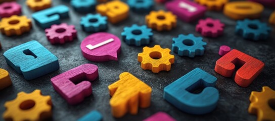 Colorful wooden letters, gears, and speech bubble on dark background.