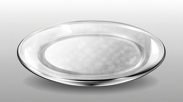 A clear glass plate with a smooth surface, suitable for serving food or decorative purposes.