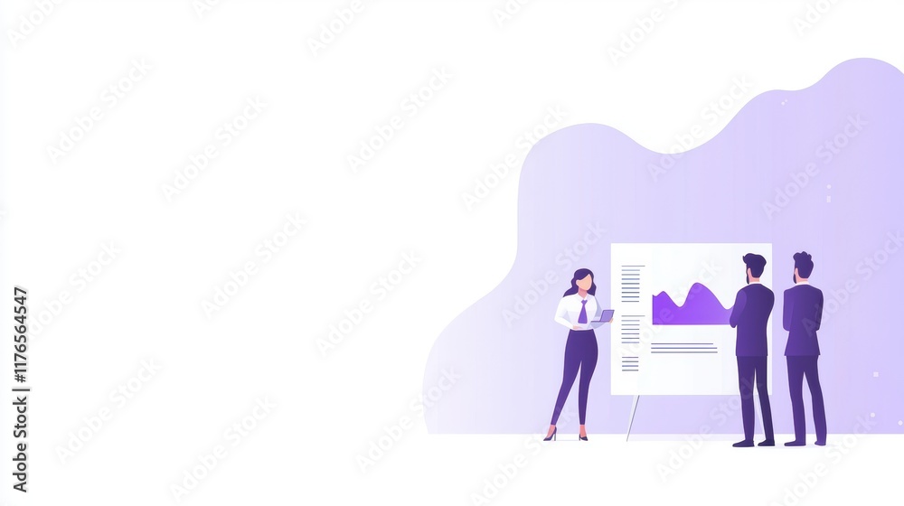 Poster business presentation with team analyzing graph data and visual insights