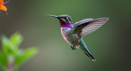 Fototapeta premium Hummingbird in Flight Nature Wildlife Bird Green Background Tiny Bird Animal Beautiful Colorful