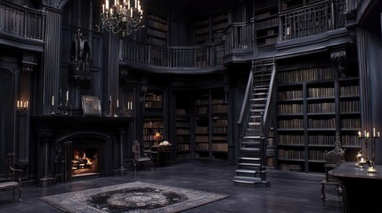 Dark, circular library with bookshelves, fireplace, and staircase.