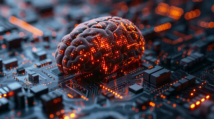 Conceptual image of a human brain integrated with digital circuits, symbolizing artificial intelligence
