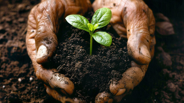 Fototapeta Close-up of hands holding a young plant seedling, soil background, environmental conservation theme