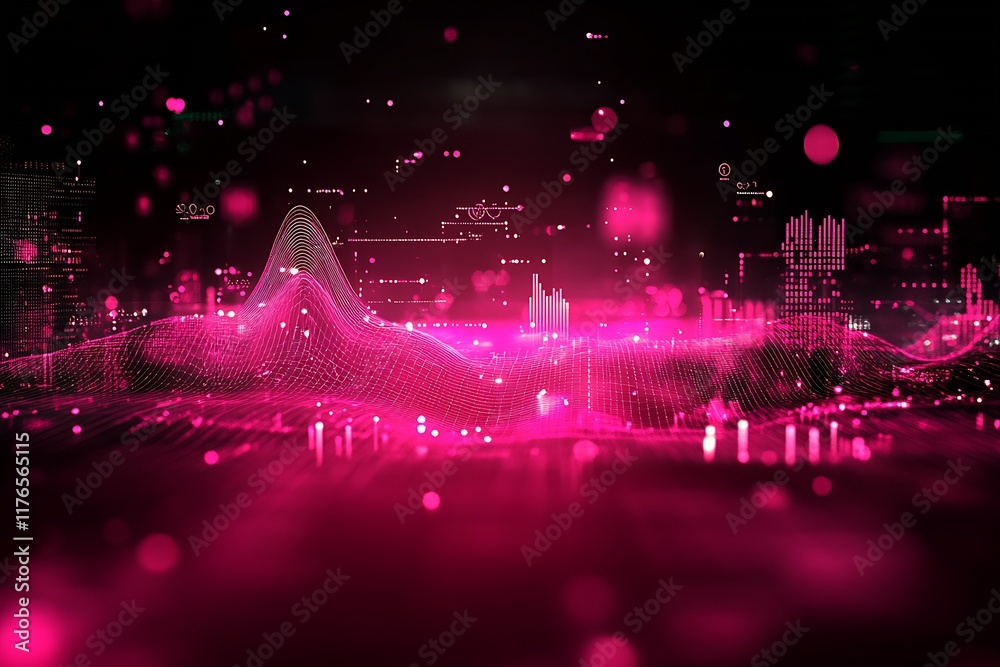 Poster abstract science fiction digital landscape with glowing pink graph : generative ai