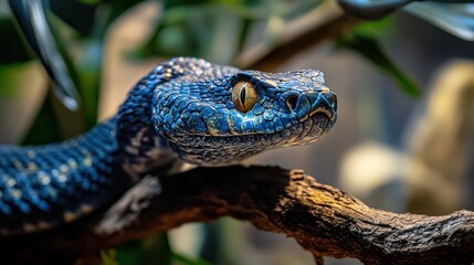 A close-up of a blue snake resting on a branch among greenery.